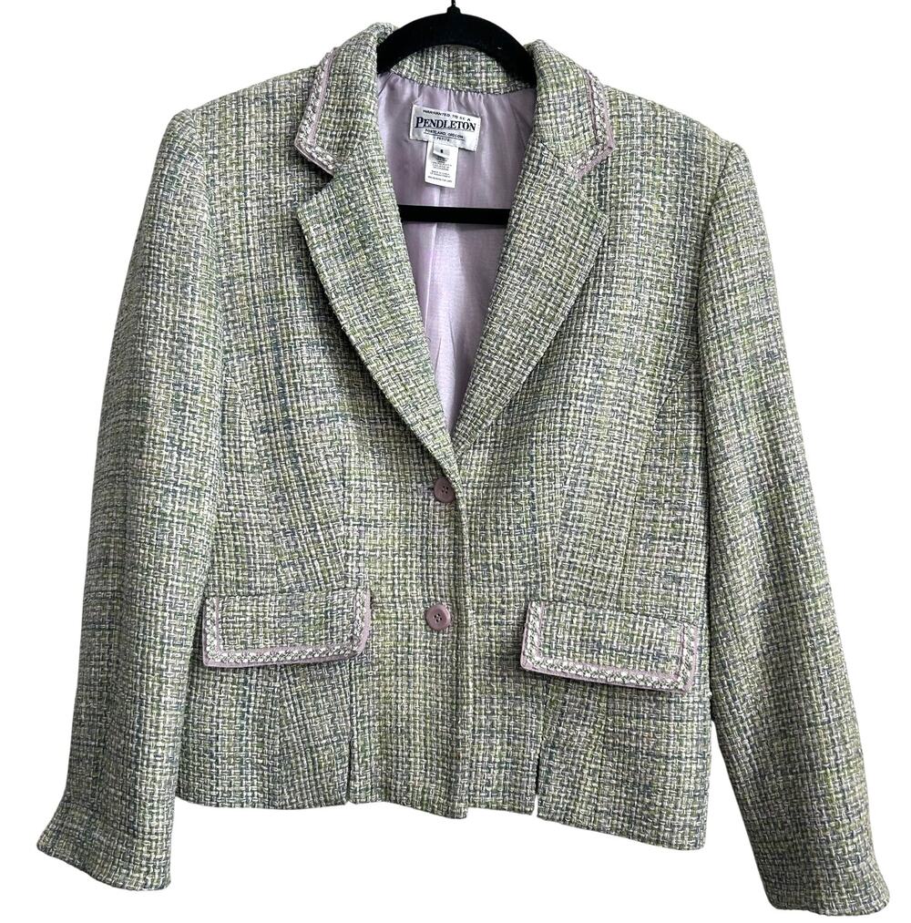 Pendleton 100% Silk Pastel Tweed Blazer 8P NOS Green Lavender Pink Trim Lined